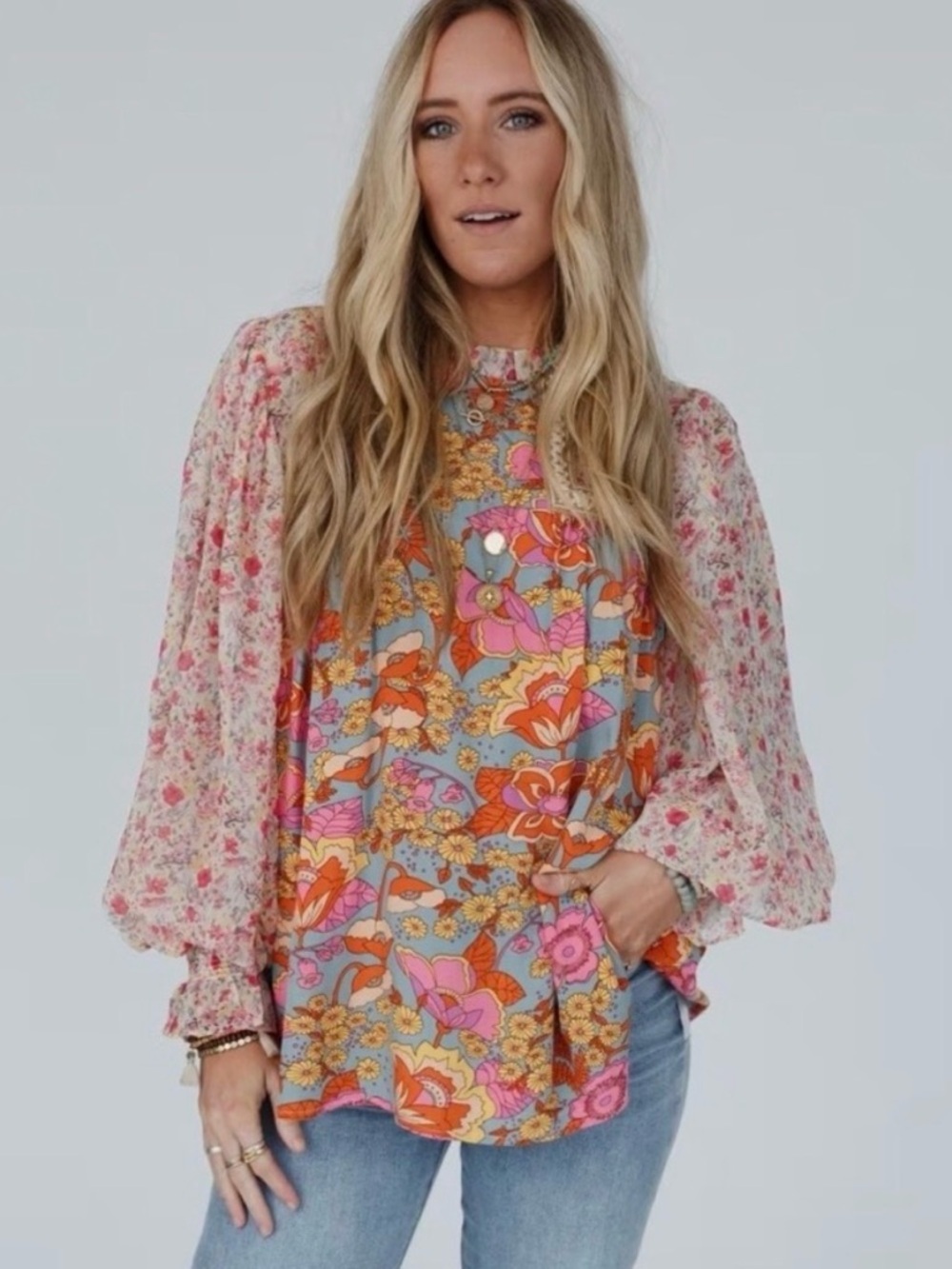 JODIFL Flower Frenzy Bubble Sleeve Top Multicolor‎ Floral Bohemian Blouse Size M